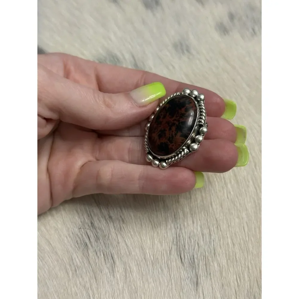 CII MEXICO Sterling Silver Red Jasper Black Mix Pin Brooch Pendant Signed 925